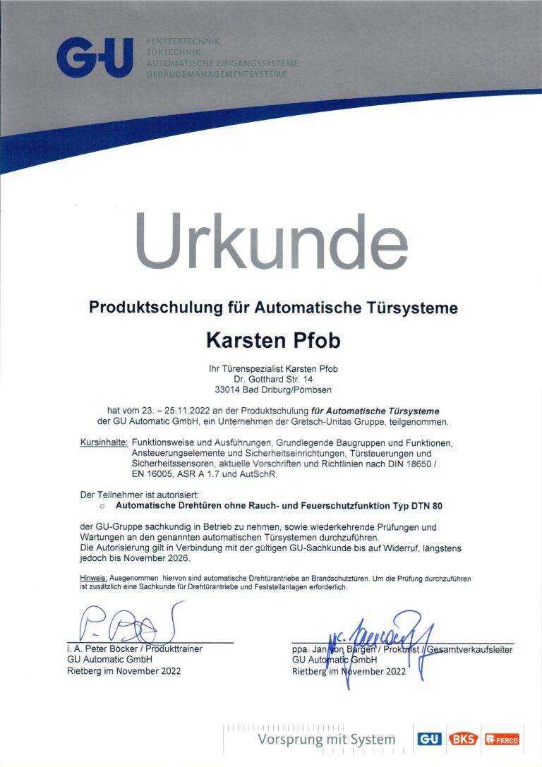 GU Urkunde Produktschulung Autom. Drehtürantriebe