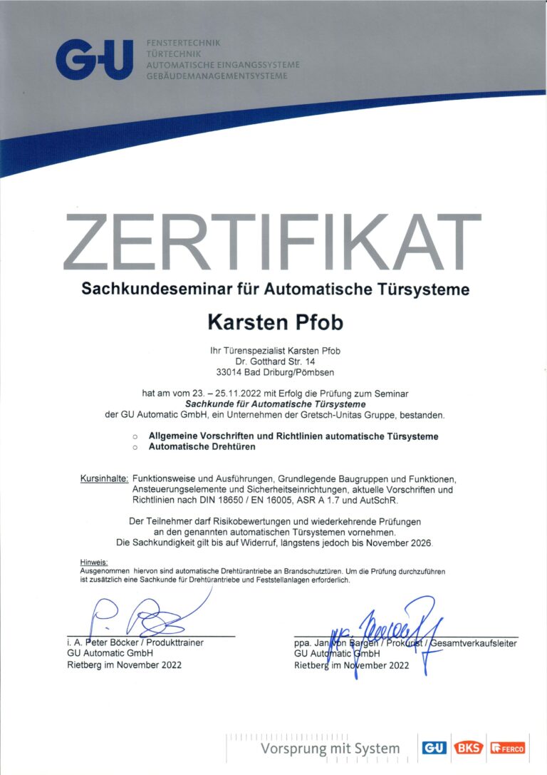 GU Zertifikat Drehtürantriebe