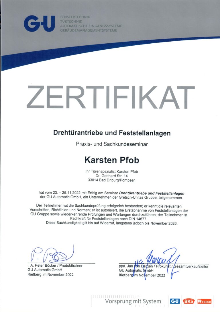 GU Zertifikat Drehtürantriebe und Feststellanlagen