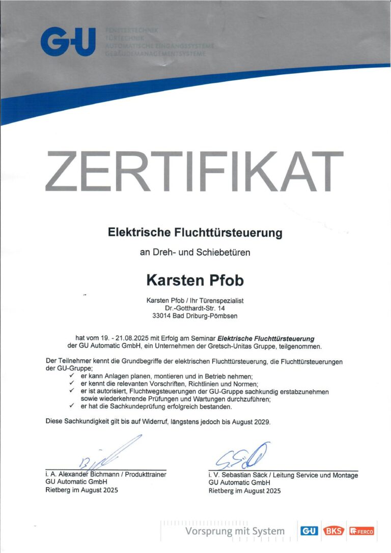 GU Zertifikat Fluchttürsteuerungen