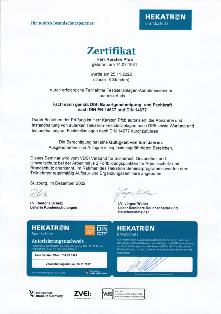 Hekatron Zertifikat Feststellanlage