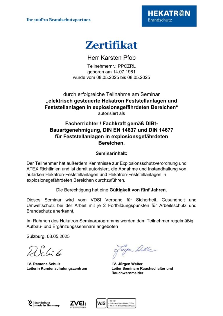 Hekatron Zertifikat Feststellanlage EX