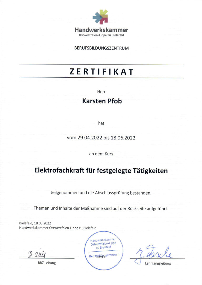 Zertifikat Elektrofachkraft ffT-1a