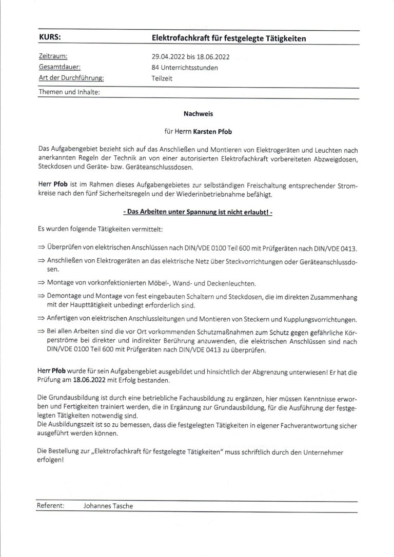 Zertifikat Elektrofachkraft ffT-2